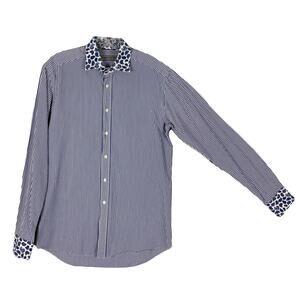 ETRO Shirt men 38/S ITALY Stripe Paisley Blue-White Button-Up Long-Sl Curve-Hem